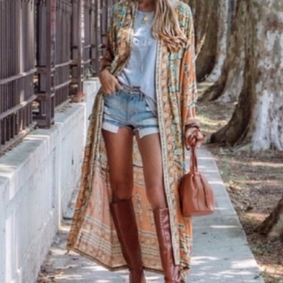 Other - Boho Mustard floral Print Kimono Belted Cover up Duster